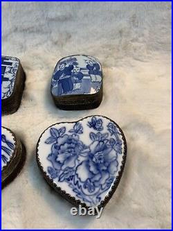 (4) Vintage Antique Chinese Silver & Porcelain Blue & White Inset Trinket Box