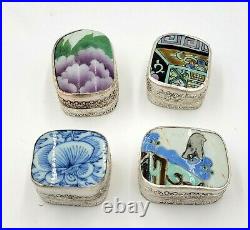 4 Vintage Chinese Cultural Revolution Silver Porcelain Shard Trinket Pill Boxes