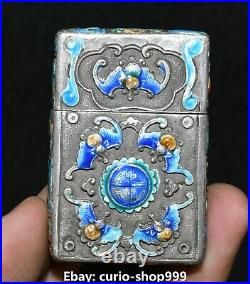 5.5cm Curio Chinese Enamel Old Silver Dynasty Palace Bat Fu Animal Matchbox Box