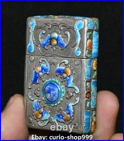 5.5cm Curio Chinese Enamel Old Silver Dynasty Palace Bat Fu Animal Matchbox Box