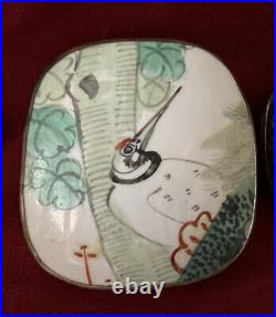 5 Chinese Shard Trinket Boxes Porcelain Inlay Silver Plate Birds Themed Antique