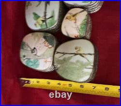 5 Chinese Shard Trinket Boxes Porcelain Inlay Silver Plate Birds Themed Antique
