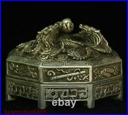 5 Chinese Silver Dragon Loong 8 Auspicious Symbol Jewelry Box Jewel Case Statue