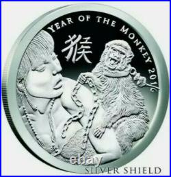 5 Oz. 999 Pure Silver Shield Proof Year Of The Monkey Round Coin Box Coa Chinese