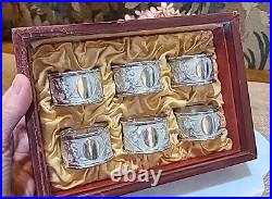 6 Antique EXPORT solid SILVER CHINESE NAPKIN RING SET Cranes Ginko Leaf Box