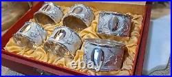 6 Antique EXPORT solid SILVER CHINESE NAPKIN RING SET Cranes Ginko Leaf Box