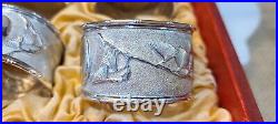 6 Antique EXPORT solid SILVER CHINESE NAPKIN RING SET Cranes Ginko Leaf Box