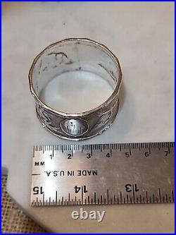 6 Antique EXPORT solid SILVER CHINESE NAPKIN RING SET Cranes Ginko Leaf Box