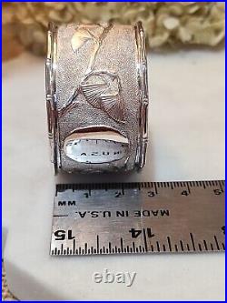 6 Antique EXPORT solid SILVER CHINESE NAPKIN RING SET Cranes Ginko Leaf Box