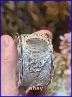 6 Antique EXPORT solid SILVER CHINESE NAPKIN RING SET Cranes Ginko Leaf Box