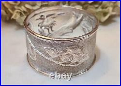 6 Antique EXPORT solid SILVER CHINESE NAPKIN RING SET Cranes Ginko Leaf Box