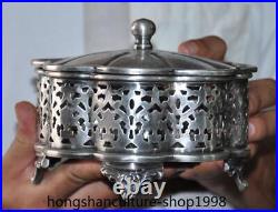 6'' Chinese Ancient dynasty Tibetan silver beast pattern statue Storage Box Box