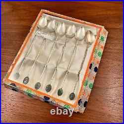 (6) Chinese Export Hong Kong Sterling Silver Carved Jade Iced Tea Spoons In Box