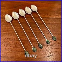 (6) Chinese Export Hong Kong Sterling Silver Carved Jade Iced Tea Spoons In Box