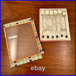 (6) Chinese Export Hong Kong Sterling Silver Carved Jade Iced Tea Spoons In Box