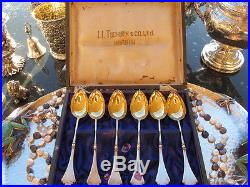 6 RUSSIAN SOLID SILVER 84 GOLD DESSERT SPOONS SET OLD BOX RARE CHINESE sterling