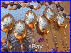 6 RUSSIAN SOLID SILVER 84 GOLD DESSERT SPOONS SET OLD BOX RARE CHINESE sterling