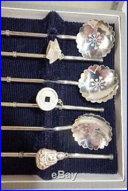 6-Sterling Silver Ice Tea Spoon Straw Set Japanese Chinese Bamboo withCharms withBox