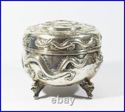 605 GR 15 cm ANTIQUE CHINESE EXPORT SILVER BOX CANTON QING DYNASTY CHINA DRAGON