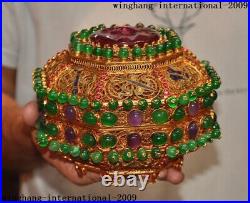 6Rare Chinese dynasty silver Filigree 24k gold Gilt Inlay green Jade box boxes
