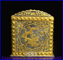 9.2 Marked Old Chinese Silver 24K Gilt Dynasty Palace Dragon Flower Case Box