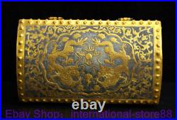 9.2 Marked Old Chinese Silver 24K Gilt Dynasty Palace Dragon Flower Case Box