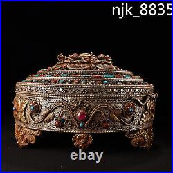 9.2 Old Chinese Tibet Tibetan Silver Inlay gemstone Gilding many Treasure box