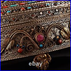 9.2 Old Chinese Tibet Tibetan Silver Inlay gemstone Gilding many Treasure box