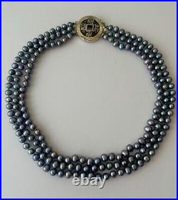 925 ster. Silver Old Chinese Bronze Coin Clasp Black Peacock Pearl Necklace