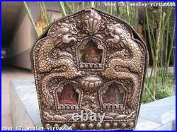 9Tibetan Folk Fane Silver two Dragon holy Buddha Shrines GaWu Box