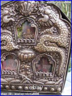 9Tibetan Folk Fane Silver two Dragon holy Buddha Shrines GaWu Box
