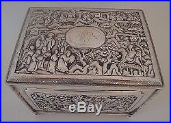 A Chinese Export Silver Box Chased With Allegorical Scenes, Cranes And Bamboo
