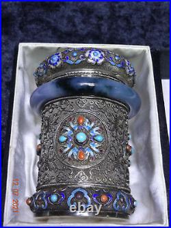 A Chinese Gilt & Silver Filagree cylinderical box enamel & semi precious stones