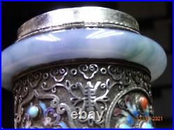 A Chinese Gilt & Silver Filagree cylinderical box enamel & semi precious stones