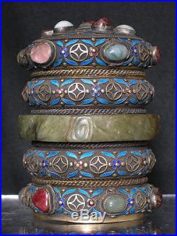 A Chinese silver bangle box with various stones, jade & enamel marked 19th/20thc