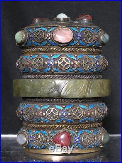 A Chinese silver bangle box with various stones, jade & enamel marked 19th/20thc