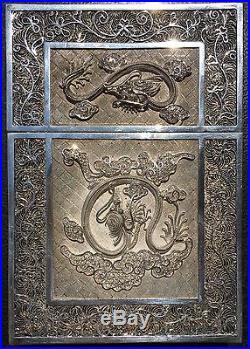 A Fine & Important 19th c. Chinese Export Filigree Silver Card Case w Dragons