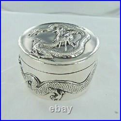 A Good Antique Sterling Silver Chinese Circular Box With Dragons