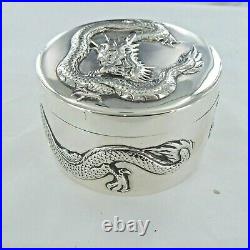 A Good Antique Sterling Silver Chinese Circular Box With Dragons
