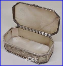 A Superb Chinese Silver & Mother of Pearl Snuff Box Carved Silk Trade View c1800