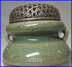 A444 Chinese blue porcelain ware incense burner with pure silver lid withbox