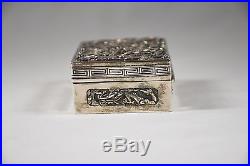 Antique 19-20th C. Chinese Silver Export High Relief Dragon Box Signed