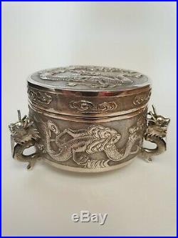 ANTIQUE 19thC CHINESE EXPORT SOLID SILVER DRAGON BOX. WANG HING & CO. C. 1890