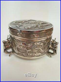 ANTIQUE 19thC CHINESE EXPORT SOLID SILVER DRAGON BOX. WANG HING & CO. C. 1890