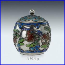 ANTIQUE 19thC CHINESE EXPORT SOLID SILVER & ENAMEL POT WITH COVER c. 1880