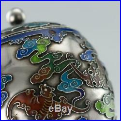 ANTIQUE 19thC CHINESE EXPORT SOLID SILVER & ENAMEL POT WITH COVER c. 1880