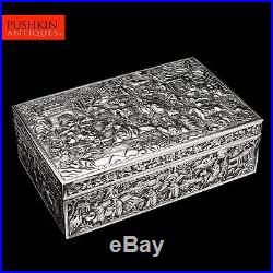 ANTIQUE 19thC CHINESE EXPORT SOLID SILVER LARGE BATTLE SCENE BOX, DA XING c. 1880