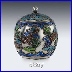 ANTIQUE 19thC RARE CHINESE EXPORT SOLID SILVER & ENAMEL POT WITH COVER c. 1880