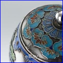 ANTIQUE 19thC RARE CHINESE EXPORT SOLID SILVER & ENAMEL POT WITH COVER c. 1880