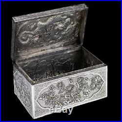 ANTIQUE 20thC CHINESE EXPORT SOLID SILVER LARGE DRAGON BOX c. 1900